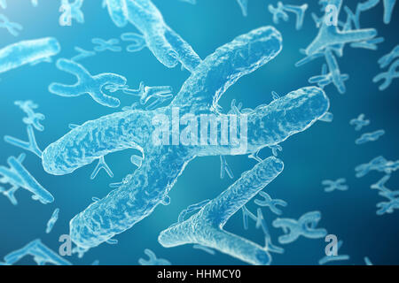 Chromosomen auf wissenschaftlichen Hintergrund. Leben und Biologie, Medizin wissenschaftliches Konzept mit Schwerpunkt Wirkung, 3D-Rendering Stockfoto