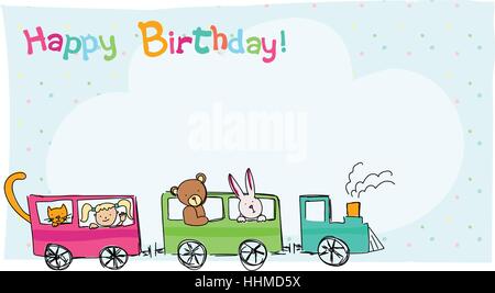 Geburtstagskarte mit einer Illustration eines Zuges, Hase, Teddybär, Katze und ein süßes Mädchen Stock Vektor