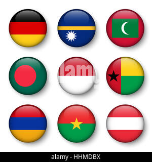 Satz der Welt kennzeichnet Runde Abzeichen (Deutschland. Nauru. Malediven. Bangladesch. Indonesien. Guinea-Bissau. Armenien. Burkina Faso. Österreich) Stockfoto