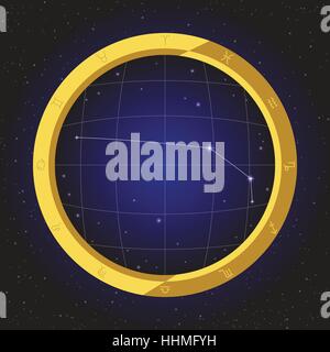 Widder Horoskop Sterne Tierkreis in Fisch Auge Teleskop golden Ring-Frame mit Kosmos Hintergrund Stock Vektor