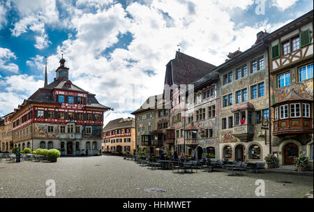 Rathaus in den wichtigsten Platz, historischen Häusern in der Altstadt, Stein bin Rhein, Kanton Schaffhausen, Schweiz Stockfoto