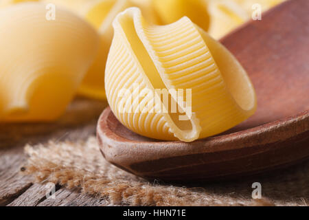 Rohe italienische Pasta Lumaconi auf einen Holzlöffel Closeup. horizontale Stockfoto