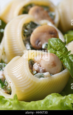 Lumakoni, die italienischer Pasta gefüllt mit Pilzen, Käse und Spinat Makro auf einem weißen Teller. vertikale Stockfoto