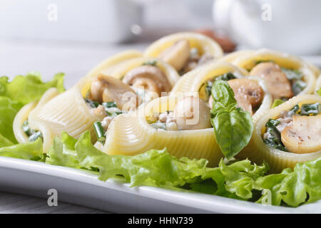 Lumakoni, die italienischer Pasta gefüllt mit Pilzen, Spinat und Käse Closeup auf einem weißen Teller. horizontale Stockfoto