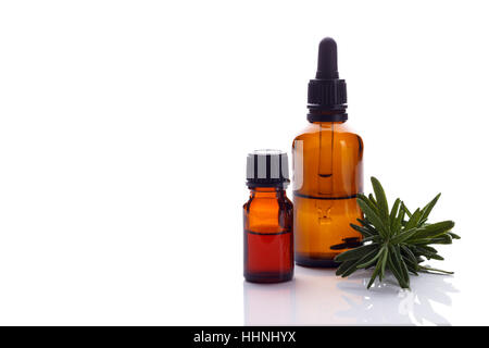 Ätherisches Rosmarinöl in kleinen Flaschen, Aromatherapie Einstellung isoliert auf weißem Hintergrund. Selektiven Fokus Stockfoto