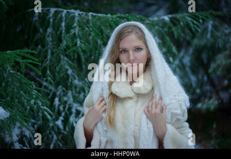 Kaukasische Frau trägt Pelz im verschneiten Wald Stockfoto