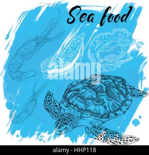 Handgezeichnete Vektor-Illustration, Design für ein Meeresfrüchte-Restaurant-Menü. Das Bild zeigt den Hummer, Schildkröte und Austern auf einem blauen Hintergrund. Stock Vektor