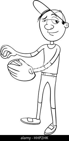 Schwarz / Weiß Cartoon Illustration von Krug-Baseball-Spieler-Charakter mit Handschuh und Ball Färbung Seite Stock Vektor