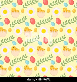 Süße Ostern Musterdesign mit endlosen Hintergrund, Blumen, Eiern und Küken. Urlaub-Hintergrund, Textur, digitales Papier. Vektor-Illustration. Stock Vektor