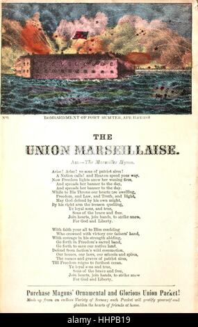 Noten-Cover-Bild des Liedes "Lied Blatt The Union Marseillaise", mit ursprünglichen Autorschaft Noten lesen "Air The Marseille Hymne", USA, 1900. Der Verlag als "Charles Magnus" aufgeführt ist, die Form der Komposition ist "strophische mit Chor", die Instrumentierung ist "Na", liest die erste Zeile "Arise! Entstehen! Ihr Söhne des Patriotsires! ", und der Abbildung Künstler wird als" Unattrib. der Beschießung von Fort Sumter, Apr. 12 und 13, 1861 Lith. ". Stockfoto