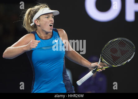 Melbourne, Australien. 20. Januar 2017. Coco Vandeweghe der Vereinigten Staaten reagiert nach dem Gewinn der Frauen Drittrunden-Match gegen Eugenie Bouchard Kanadas bei den Australian Open Tennis Championships in Melbourne, Australien, 20. Januar 2017 Einzel. Vandeweghe gewann 2: 1. Bildnachweis: Lui Siu Wai/Xinhua/Alamy Live-Nachrichten Stockfoto