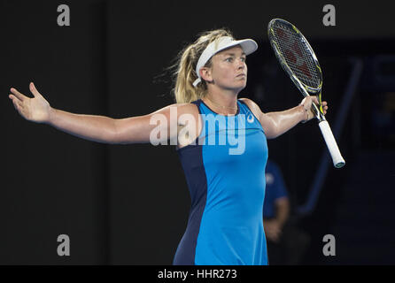 Melbourne, Australien. 20. Januar 2017. Coco Vandeweghe der Vereinigten Staaten reagiert nach dem Gewinn der Frauen Drittrunden-Match gegen Eugenie Bouchard Kanadas bei den Australian Open Tennis Championships in Melbourne, Australien, 20. Januar 2017 Einzel. Vandeweghe gewann 2: 1. Bildnachweis: Lui Siu Wai/Xinhua/Alamy Live-Nachrichten Stockfoto