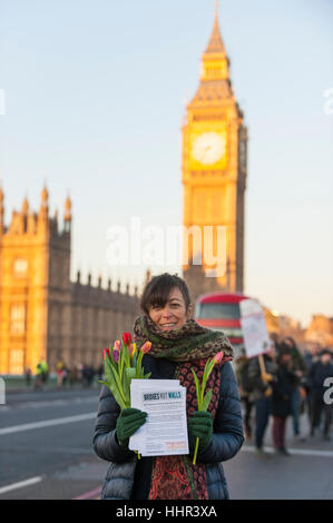 London, UK.  20. Januar 2017.  Ein Aktivist auf Westminster Bridge beteiligt sich an ein weltweites Ereignis namens "Brücken nicht Wände" am Tag der Einweihung von Donald Trump als US-Präsident, Solidarität und Widerstand gegen die rechtsextreme Politik aus westlichen Demokratien äußern.  In London haben Banner auf den Brücken über den Fluss Themse hing. © Stephen Chung / Alamy Live News Stockfoto