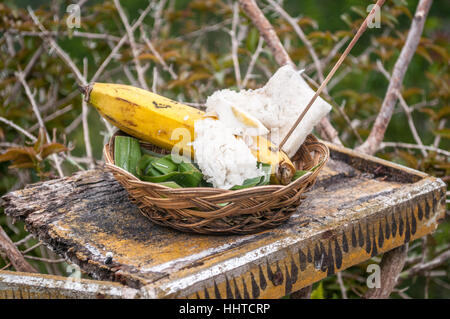 Gaben an die Götter, mit Bananen und Reis, Mont Batur, Bali, Indonesien Stockfoto