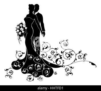 Eine Braut und Bräutigam Brautpaar Silhouette mit der Braut in einer Braut Kleid Brautkleid hält einen Blumenstrauß der Blumen und eine abstrakte flora Stockfoto