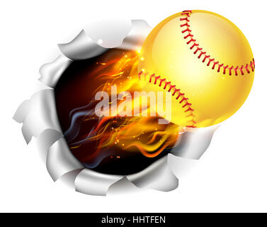 Ein Beispiel für einen brennenden flammendes gelb Softball Ball auf Feuer reißen ein Loch in den Hintergrund Stockfoto