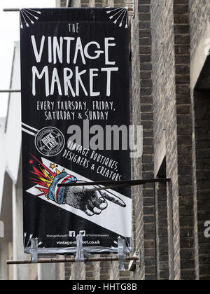 Melden Sie sich für einen Oldtimer Markt in Brick Lane im Londoner East End Stockfoto