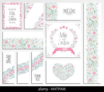 Hochzeitseinladung, Dankeschön-Karte speichern the Date Karten. Hochzeit Set. RSVP-Karte in blau rosa Stock Vektor