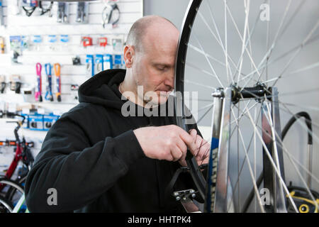 Fahrradmechaniker Zentrierung ein Hinterrad in seiner Werkstatt. Stockfoto