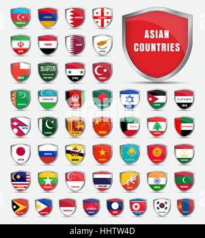 Vorlage von schützenden Boards mit Fahnen und den Namen der asiatischen Länder. Vektor-Illustration. Set Schilder Stock Vektor