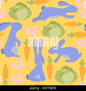 Kaninchen mit Karotten, Kohl und Blumen. Nahtlose Vektormuster. Tierische Hintergrund mit niedlichen Cartoon Hasen. Stock Vektor