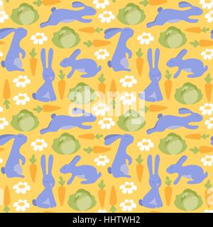 Kaninchen mit Karotten, Kohl und Blumen. Nahtlose Vektormuster. Tierische Hintergrund mit niedlichen Cartoon Hasen. Stock Vektor