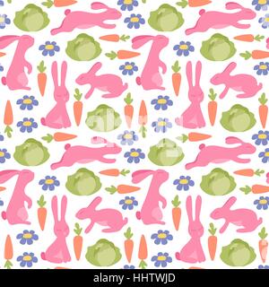 Kaninchen mit Karotten, Kohl und Blumen. Nahtlose Vektormuster. Tierische Hintergrund mit niedlichen Cartoon Hasen. Stock Vektor