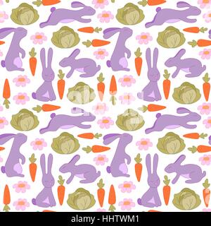 Nahtlose Muster mit Hasen, Blumen, Karotten und Kohl. Hasen Hintergrund für Kinder. Stock Vektor