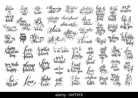 Satz von 57 schwarz-weiß handgeschriebenen Schrift über die Liebe Stock Vektor