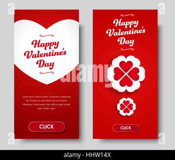 Happy Valentinstag vertikale Banner zu entwerfen. Vorlagen, die roten Flyer mit weißem Herz, Blume und Tasten. Satz. Vektor-illustration Stock Vektor