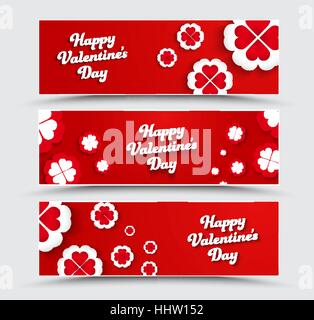 Satz von horizontalen Banner Happy Valentinstag. Rot mit weißen Blumen und Herzen Vorlagen. Vektor-illustration Stock Vektor