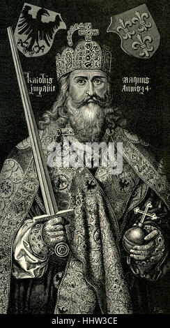 Karl / Karl der große, 748-814 n. Chr., König der Franken und der erste heilige römische Kaiser. Stich nach einem 1510 Stockfoto