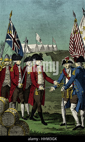 Übergabe der britische Generalmajor Charles, Earl Cornwallis bei Yorktown, Virginia am 19. Oktober 1781, endet die Belagerung von Stockfoto