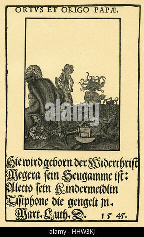 Karikatur des Papstes von Lucas Cranach der ältere mit Text von Martin Luther 1545. Mit dem Titel "Ortus et Origo Papae"-"die Geburt Stockfoto
