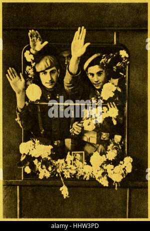Begeisterte Aufnahme von spanischen Soldaten im deutschen Stationen während des zweiten Weltkriegs.  Original-Bildunterschrift auf Spanisch: "Entusiasta Stockfoto
