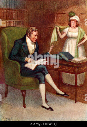 Stolz und Vorurteil "von Jane Austen - Portrait von Herrn & Mrs. Bennet. KAPITEL III. Bildunterschrift lautet: "Mr Bennet protestierten gegen jede Beschreibung der Putz". Erstveröffentlichung am 28. Januar 1813. Abbildung des britischen Künstlers A. Wallis Mühlen (1878-1940). 1908. JA, englischer Schriftsteller: 16. Dezember 1775 - 18. Juli 1817. Stockfoto