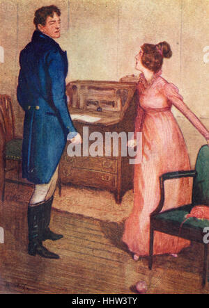 "Stolz und Vorurteil" von Jane Austen - Porträt von Mr. Darcy & Elizabeth als sie sich weigert, ihn zu heiraten. Kapitel XXXIV. Beschriftung Stockfoto