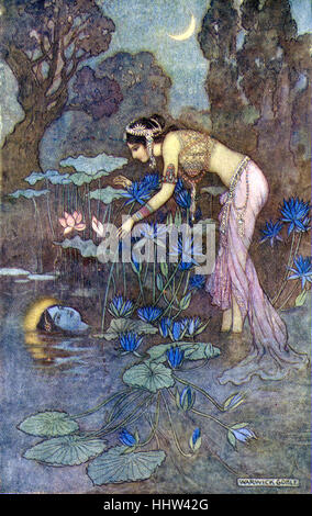 Indische Mythen und Legenden: Sita Rama unter Lotus Blüten findet. Illustration nach einem Gemälde von Warwick Goble, englischer illustrator Stockfoto