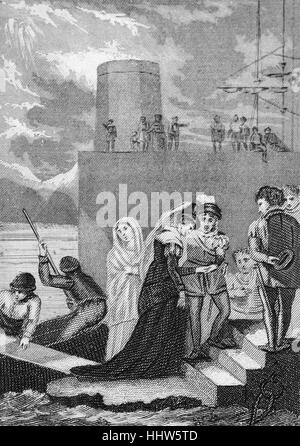 Nach ihrer Niederlage bei der Schlacht von Langside am 13 Mai 1568 floh Mary, Queen of Scots, Süd Überquerung der Solway Firth in England beim Angeln Boot am 16. Mai. Sie landete in Workington in Cumberland im Norden von England und blieb über Nacht in Workington Hall. Stockfoto