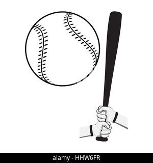 Hände halten, Baseballschläger und große Kugel. Isoliert auf weißem Hintergrund Stock Vektor