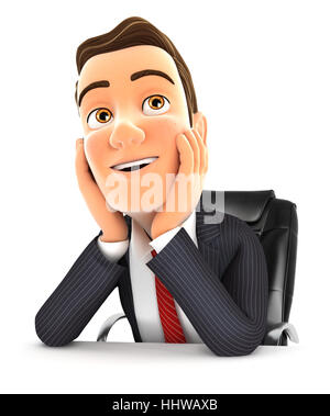 3D Geschäftsmann im Büro Tagträumen, Abbildung mit isolierten weißen Hintergrund Stockfoto