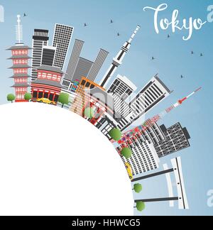 Skyline von Tokyo mit grauen Gebäude, blauer Himmel und Textfreiraum. Vektor-Illustration. Geschäftsreisen und Tourismus-Konzept mit moderner Architektur. Bild f Stock Vektor