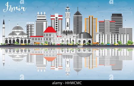 Izmir-Skyline mit grauen Gebäuden, blauer Himmel und Reflexionen. Vektor-Illustration. Geschäftsreisen und Tourismus-Konzept mit moderner Architektur. Bild Stock Vektor