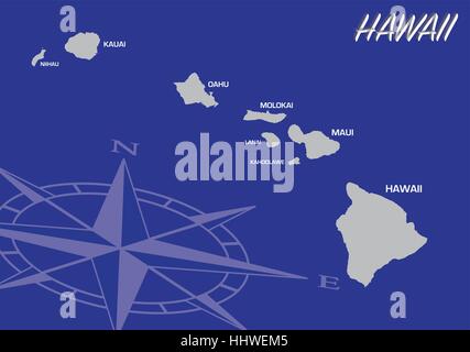 Blaue Vektorkarte von uns Bundesstaat Hawaii mit Kompass Stock Vektor