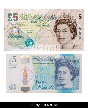 Eine alte Papier britische fünf-Pfund-Note oben ein neues Polymer oder Kunststoff, Anmerkung £5 Stockfoto