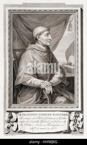 Francisco Jiménez de Cisneros, 1436 – 1517, aka Ximenes de Cisneros. Spanischer Kardinal, religiöse Figur, und Staatsmann.  Nach einer Radierung in Retratos de Los Españoles Ilustres veröffentlicht Madrid, 1791 Stockfoto