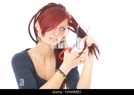 Frau, Frauen, Frisur, Schnitt, Schere, Scheren, Rothaarige, Dreadlocks, Frau, Stockfoto