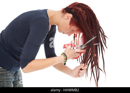 Frau, Frauen, Frisur, Schnitt, Schere, Scheren, Rothaarige, Dreadlocks, Frau, Stockfoto