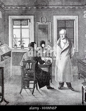 Johann Wolfgang von Goethe diktiert seiner Sekretärin in seinem Arbeitszimmer, Öl-Gemälde von J. J. Schneller, 1831, Gemany, Geschichtsbild oder Illustration, 1890, digital verbessert veröffentlicht Stockfoto