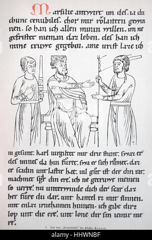 Das Bild zeigt, dass König Cernubiles, auf der rechten Seite von Mars, Marsilie, die Banner und die Reihenfolge für den Kampf und Eroberung von Roland erhält. Von der, Rolandslied, der Priester Konrad in der Heidelberger Handschrift Ende des 12. Jahrhunderts, Geschichtsbild oder Illustration, veröffentlicht 1890, digital verbessert Stockfoto